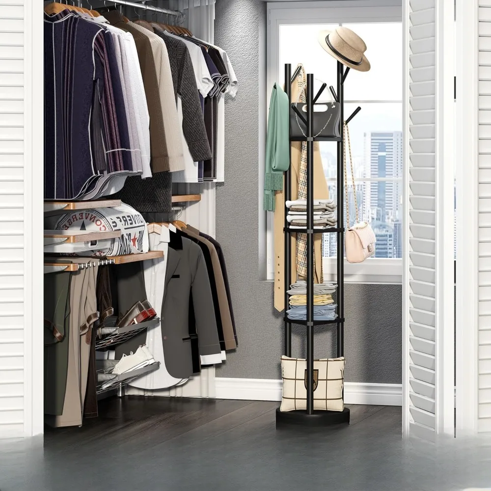 

Rotary Coat Rack, 3 Tier Freestanding Coat Rack with 9 Hooks and 3 shelves, Great for Hanging hats,scarves,backpacks,Clothes