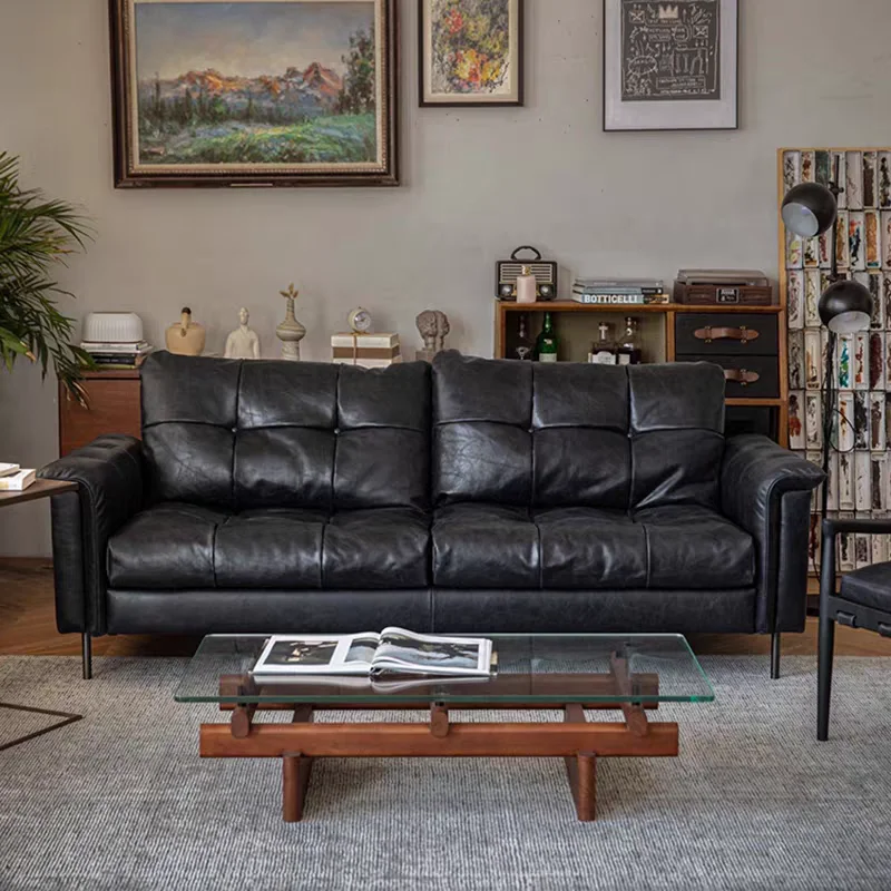 French retro Nebula sofa, middle-aged small apartment straight-row sofa, cigar bar, whiskey oil wax leather buckle sofa