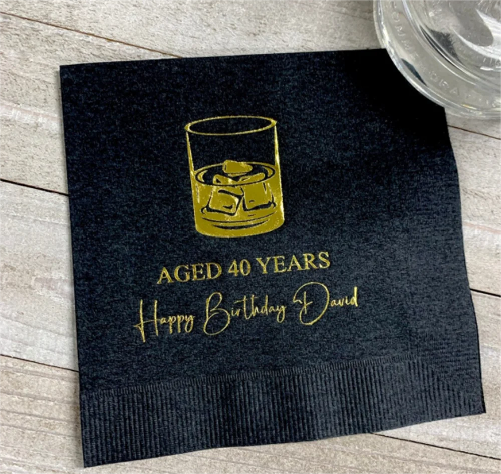 

50PCS Personalized Napkins Aged Years Rocks Glass Bar Custom Printed Monogram Beverage Cocktail Luncheon Dinner Guest Towels