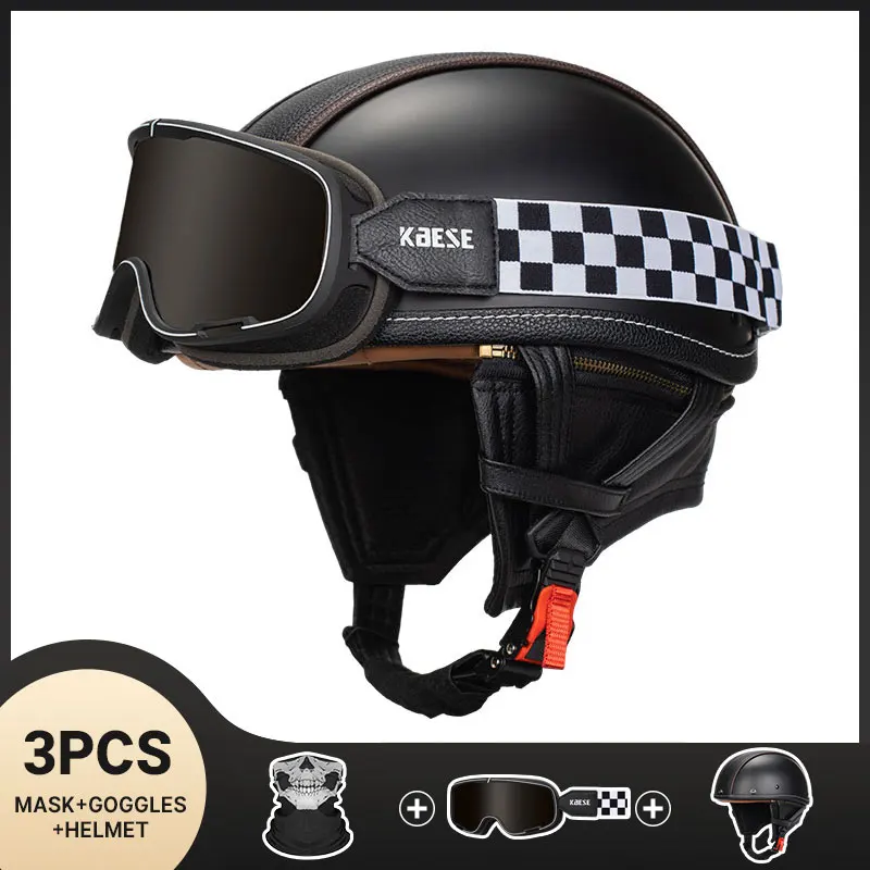 

Motorcycle Scooter Open Face Half Leather Helmet with Visor UV Goggles Retro Vintage Style Casco Motos Hombre