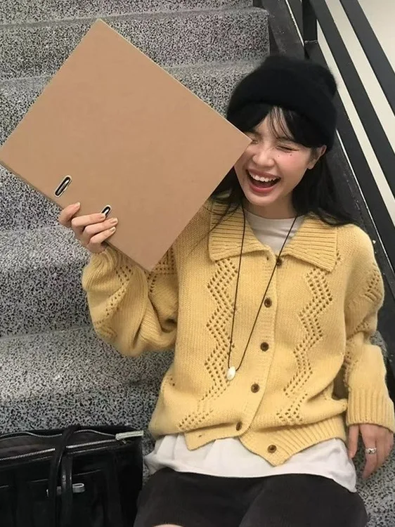 

Осенний новый желтый вязаный свитер Jaet, женский шикарный ажурный воротник, теплая модная верхняя одежда Sweet Long Sve