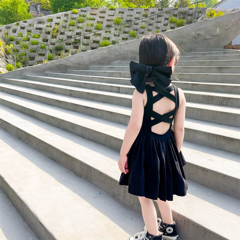 Kids Baby Vintage Elegant Balck Backless Criss Cross Dress For Girls Princess Cute Design Toddler Backless-Dress Clothing 1-7 Y