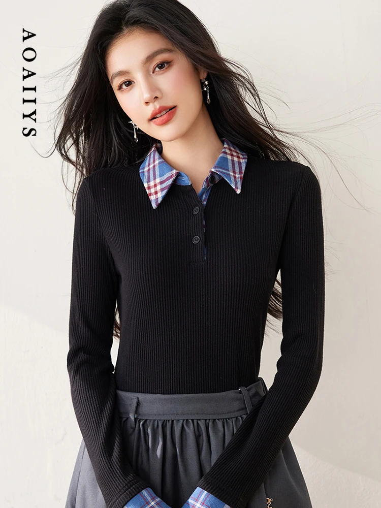 Aoaiiys Sweater Women Pullover Plaid Fake Two Pullover Japanese Korean Style Contrast Color Sweaters Spring Autumn Knit Jumpers