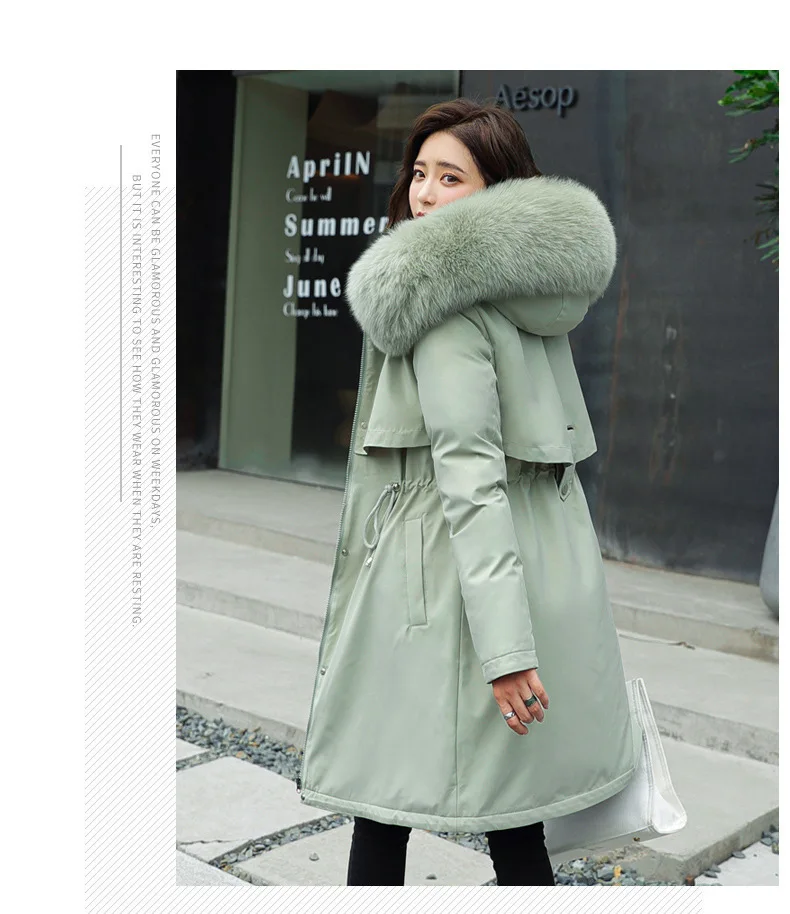 Parkas Jacket Women Cotton Coat Winter Mid Length Outerwear Fur Collar Plush Liner Hooded Drawstring Thick Windproof Office Lady