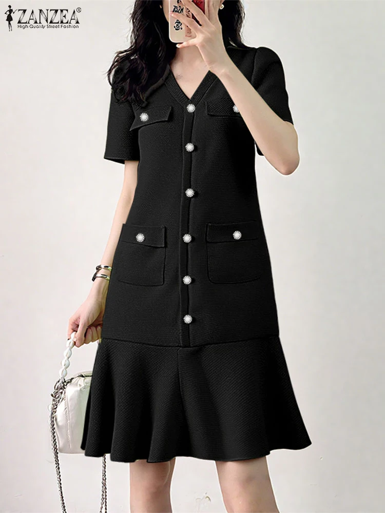 Elegancka sukienka na przyjęcie wizytowe 2025 ZANZEA Damska sukienka biurowa z dekoltem w serek Letnia sukienka do pracy dla kobiet OL Krótki rękaw Guziki Sukienka letnia