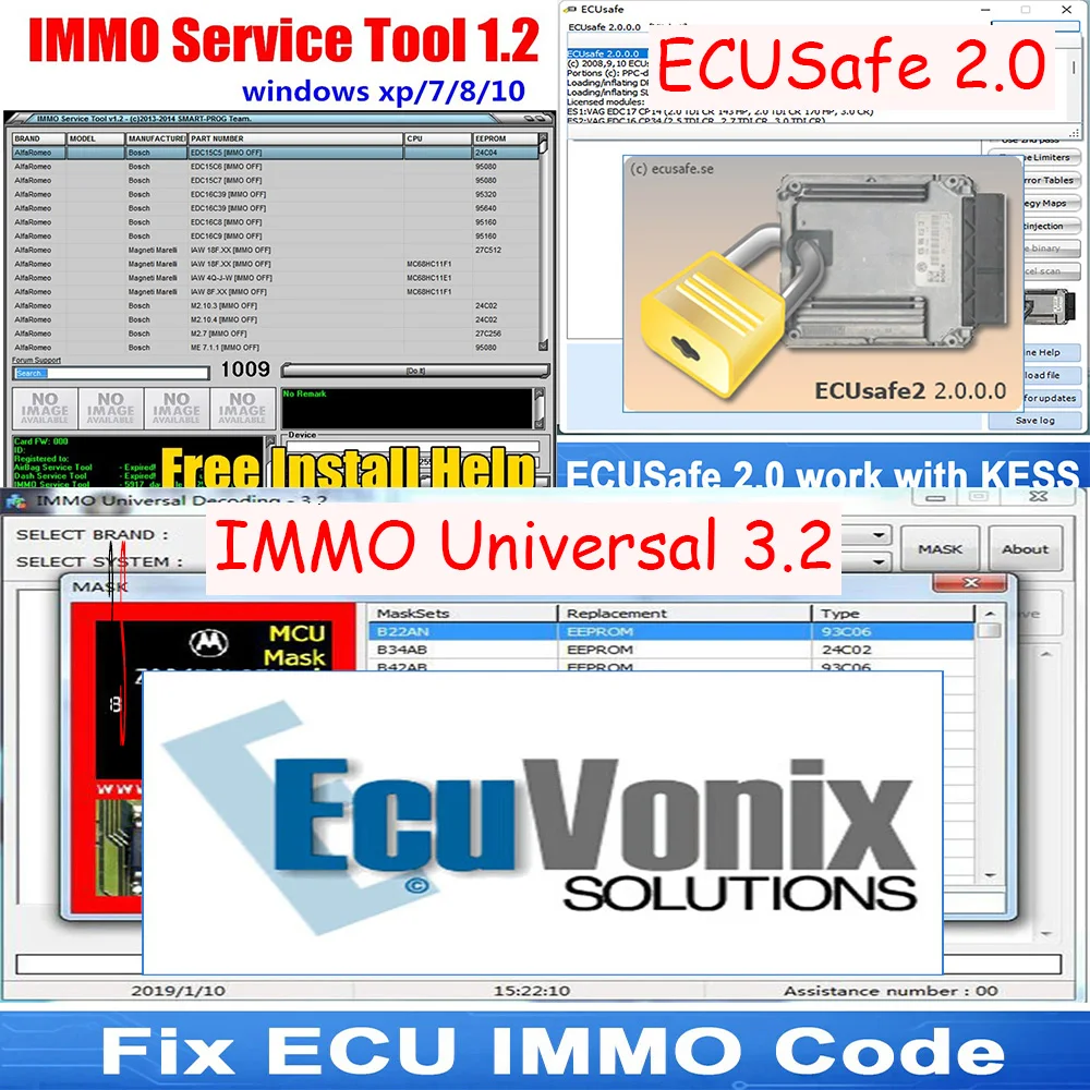 3 Software ECUSafe 2.0+IMMO Universal 3.2 +Edc 17 IMMO SERVICE TOOL V1.2   ECU safe 2.0 DPF/FAP/REMOVA with KESS For Win 7 PC