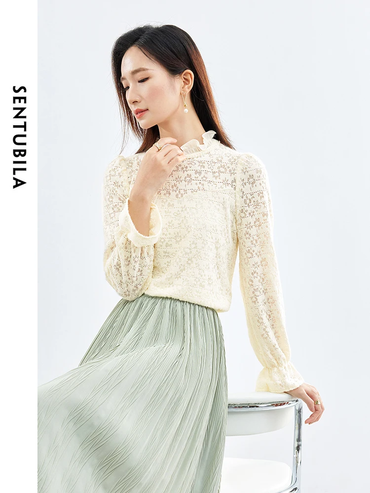 ILA Ruffled Pulover Long Sleeve Lace Shirt Woman 2024 Spring Elegant Solid Spliced Soft Blouse Tops Clothing 141S53226