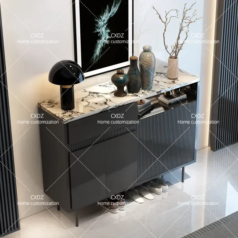 Light Luxury Marble Shoe Cabinet High End Living Room Storage Decorative Side Cabinet Antique Solid Wood Entrance Door