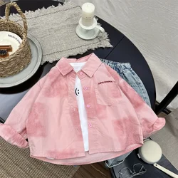 New Autumn Kids Long Sleeve Cotton Shirt Letters Embroidered Boys Turn-down Collar Tops Baby Boys Trendy Shirt