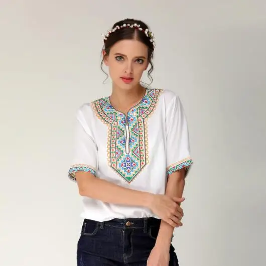 

Women T shirt Chinese Xinjiang Uygur Ethnic Embroidery Summer Short sleeve Tops Fashion