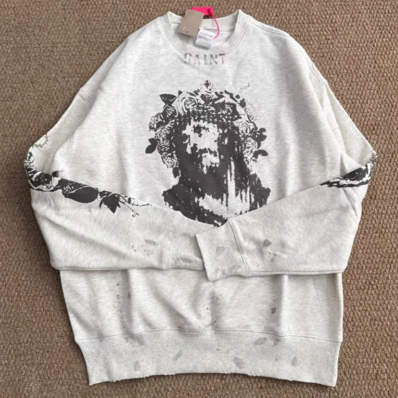 Portrait Graffiti Print Destruction Pullover Vinatge Splashed Ink Grey Saint Sweatshirt Men Women Street Loose Round Neck Hoody