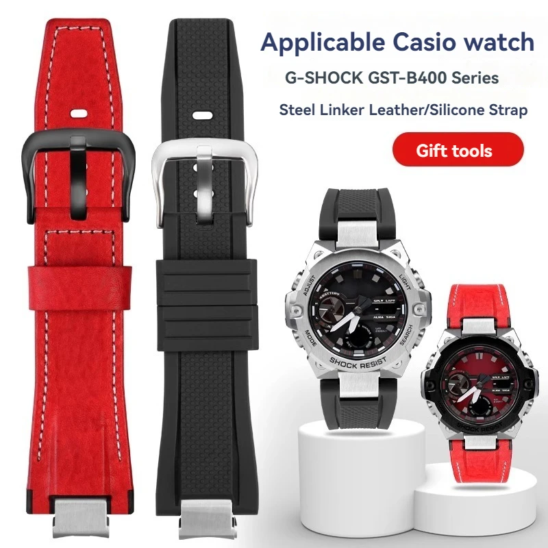 For Casio Watch Steel Heart Silicone Strap GST-B400 Series Modified Genuine Leather Watch Strap Steel Linker Connector Bracelet