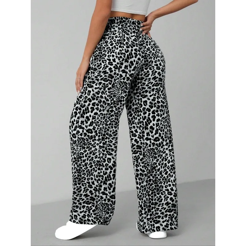 플러스 사이즈 1XL-5XL 새로운 여성 패션 캐주얼 레오파드 프린트 와이드 레그 팬츠 하이 웨이스트 루즈핏 캐주얼 드레이핑 바지
