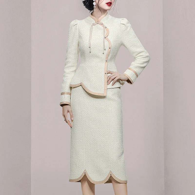 طقم تويد نسائي للخريف/الشتاء مكون من قطعتين مع سترة بأكمام طويلة وتنورة نصف 2024 طقم أزياء صغير معطر