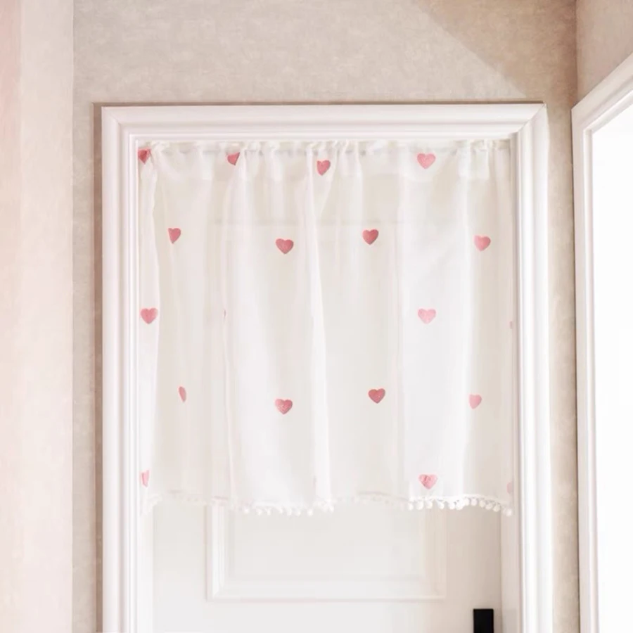 Cartoon Cute Pink Heart Sheer Tulle Short Curtains with Pom-pom lace Bay Window Half Curtains For Girls Bedroom Kitchen Doorway