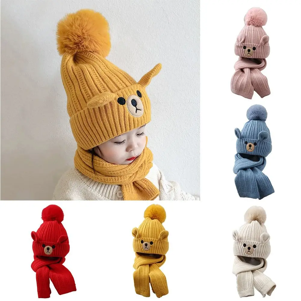 Cute Bear Children Scarf Hat Set Baby Wool Crotch Beanie For Girls And Boys Winter& Autumn Baby Cloth Accessories