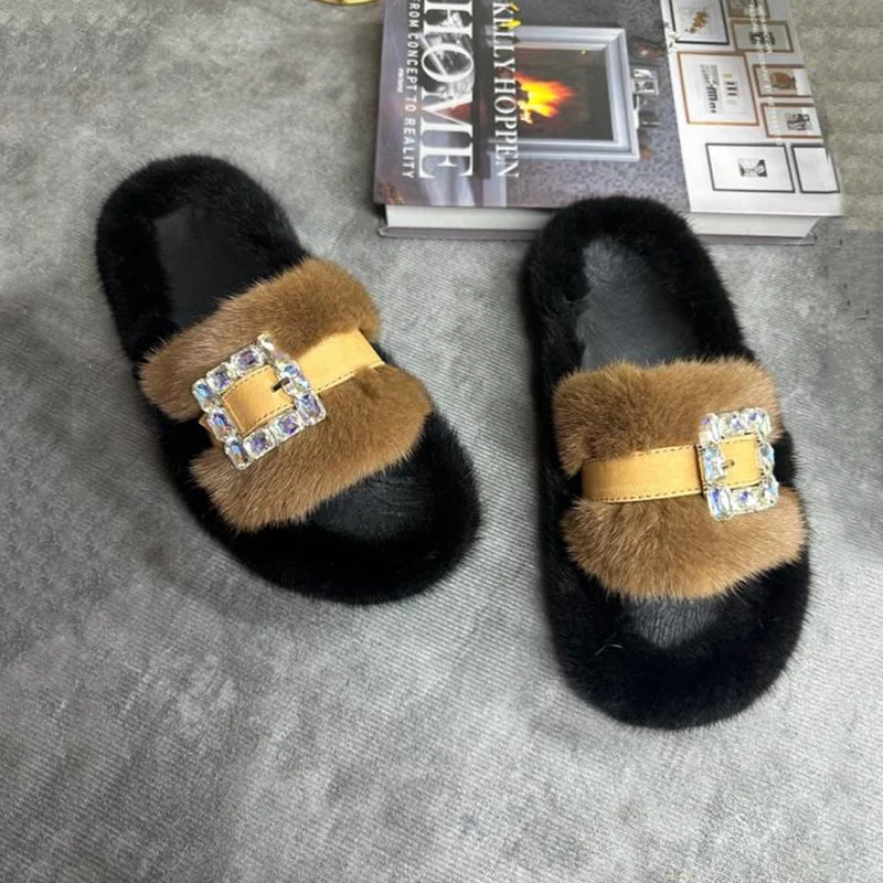 Mink Fur Slippers Women's Real Fur Slides Adult Platform Mule Shoes for Woman Thick Sole Slides Women's Sandals Summer 2026 view 2
