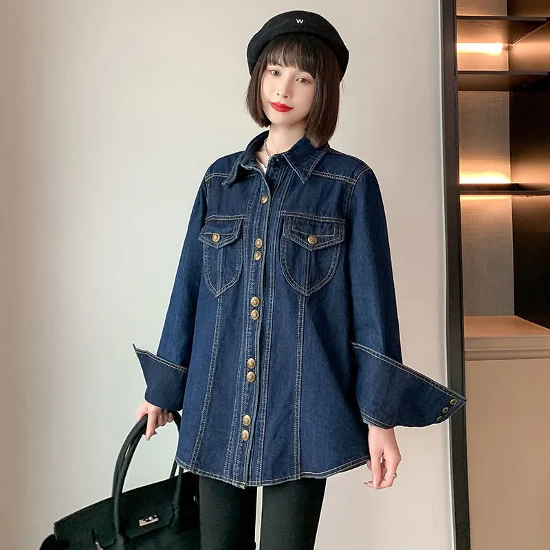 New Model 2024 Cool Korean Version Retro Sense Metal Buckle Lapel Single-breasted Loose All-match Denim Top Shirt Fashion Brand