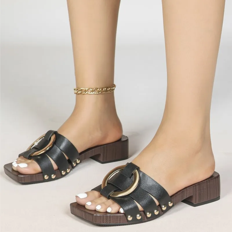 2026 New Model Metal Snap-On Buckle Small-Scale Design Thick-Heeled Thick-Toe Sandals for Women - Single-Toe Slippers