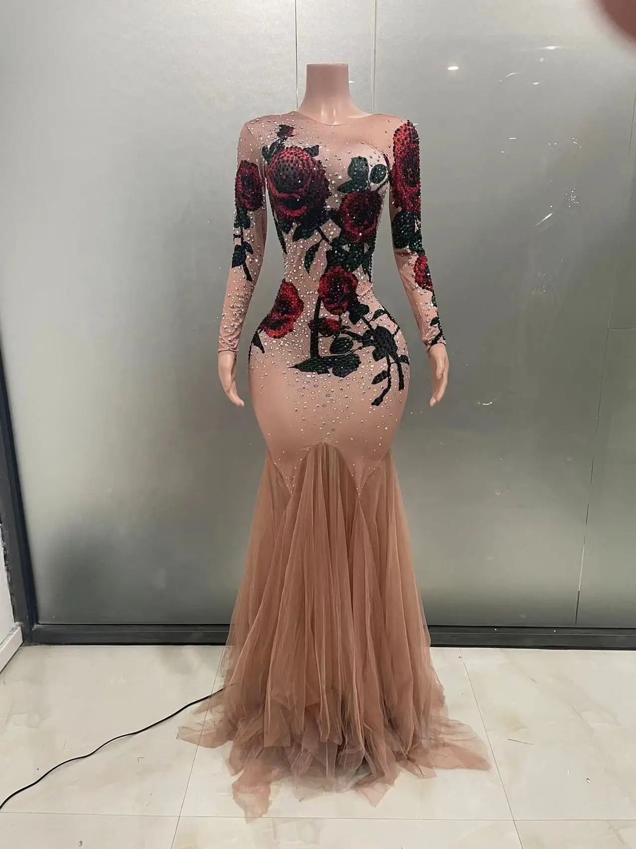 STOCK Sexy Stretch Rose Floral Rhinestone Evening Dress Drag Queen Wear Stage Singer Show Long Dresss Women Party Floor Dress