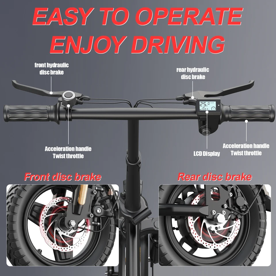UPlee GE5 48V 15AH Battery EBike 30+MPH 250W Folding Electric Bike 30 Miles Max Range Electric Bike for Adults 14" Fat Tire image 7