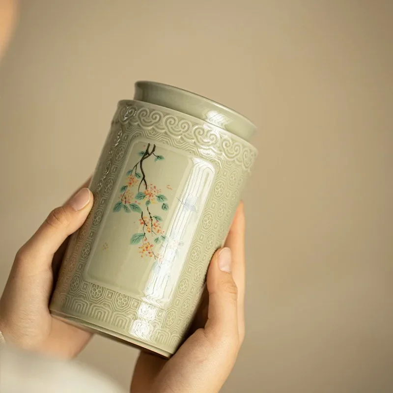 High-grade Ceramic Grass and Wood Ash TeaCans Moisture-proof Sealed Cans Pu'er Tea White Tea Scented Tea Household Storage Tanks