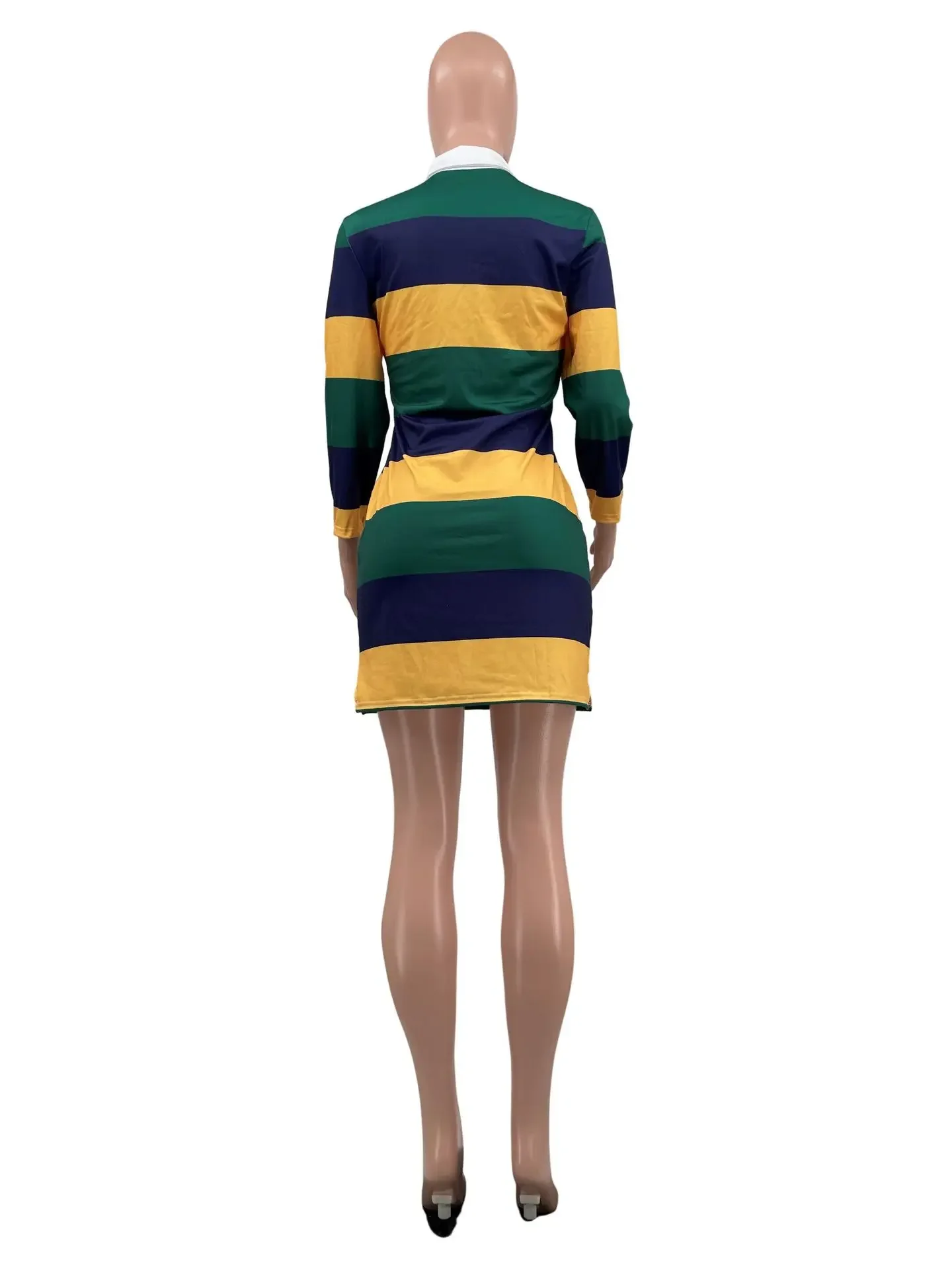 Women Long Sleeve Sriped Print Fashionable Striped Printed POLO Collar Three-quarter Sleeve Street Casual T-shirt Style Dresses