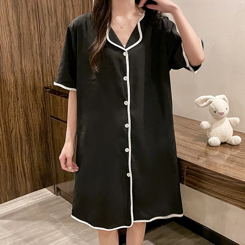 Plus Size M-4XL Women's Nightgown Summer Sweet Short Sleeve Home Dress Ice Silk Night Skirt Cardigan Cute Korean Night Gown