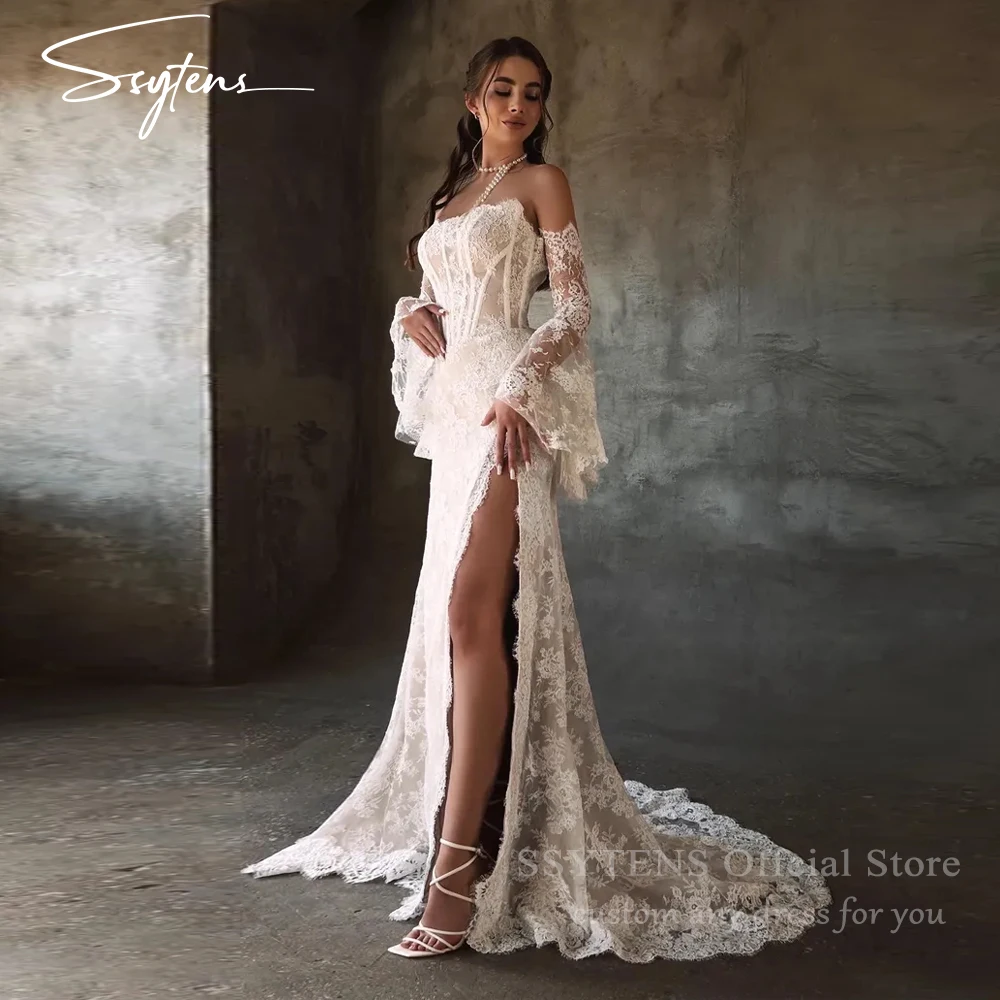 

SSYTENS Vintage Full Lace Mermaid Wedding Dresses Sexy Detachable Long Sleeve Bridal Partry Gowns Princess Bride Gown Customized