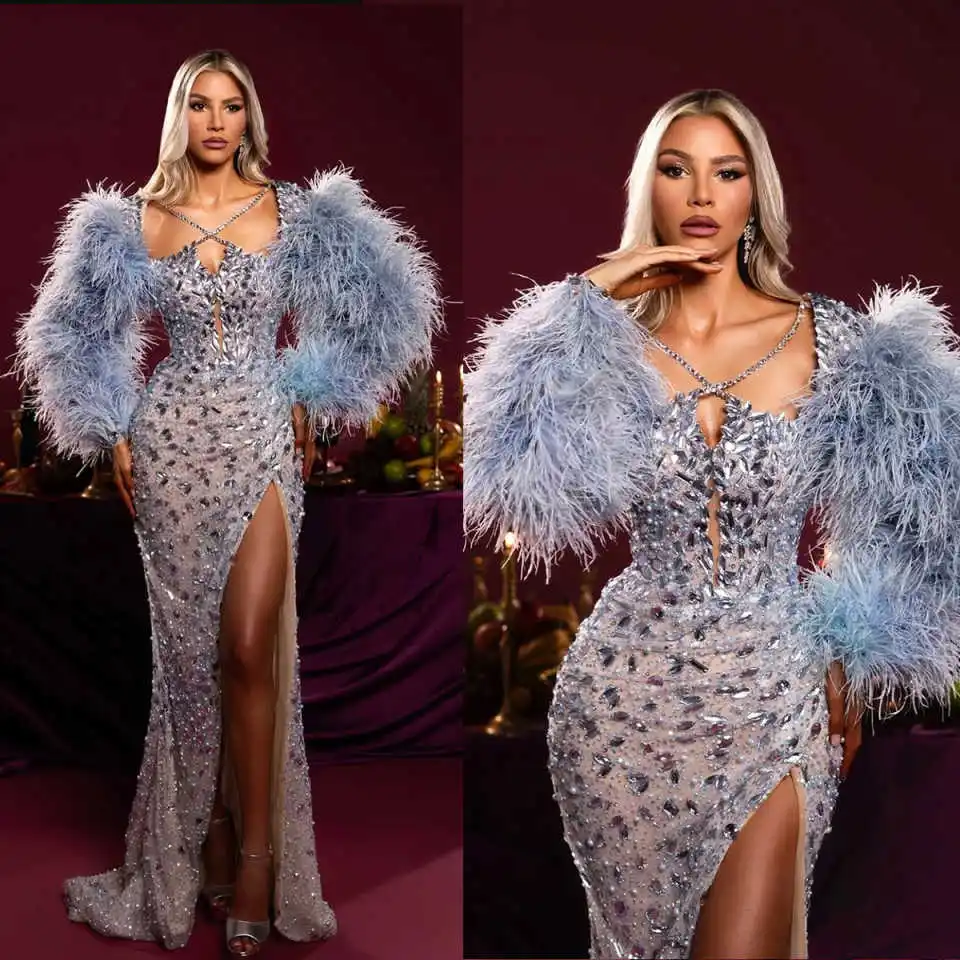 

Elegant Mermaid Prom Gown Crystal Evening Dress Beads Feather Prom Dresses Sexy Bridal Gowns Robes De Mariée Size Customized