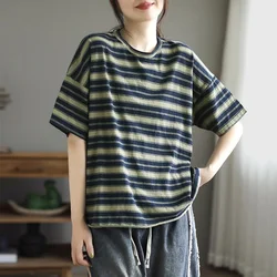 2023 New Summer Fashion Trend Art Retro Stripe Round Neck Short Sleeve Top Loose Casual Sports Belly Covering Women's T-shirt