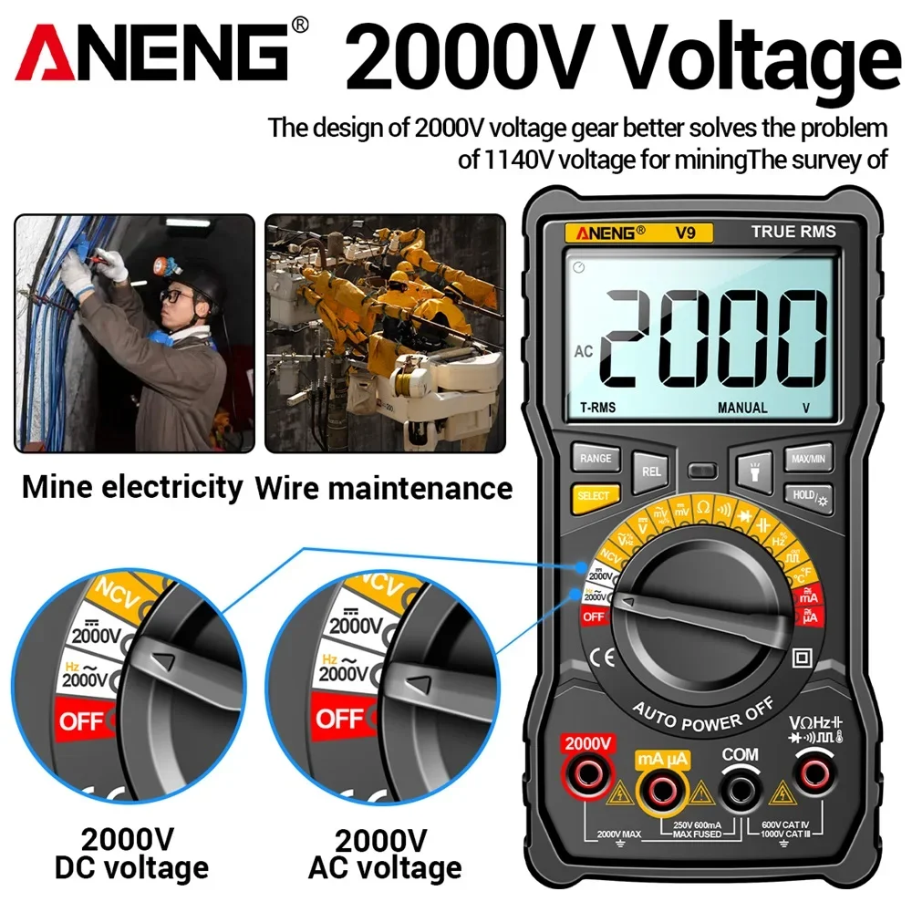 ANENG V9 Digital Multimeter 2000V Smart Professional Voltage Tester Capacimeter Voltmeter AC/DC Ammeter Electrical Tester Tools