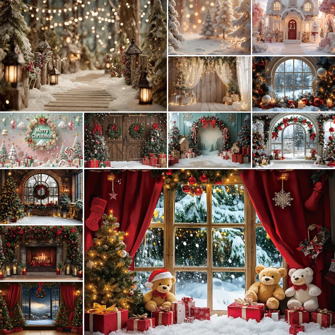 

MOON.QG Christmas Large Trees Decoration Background Photography Arch Window Wooden Door Fireplace Backdrop Photozone Wallpaper