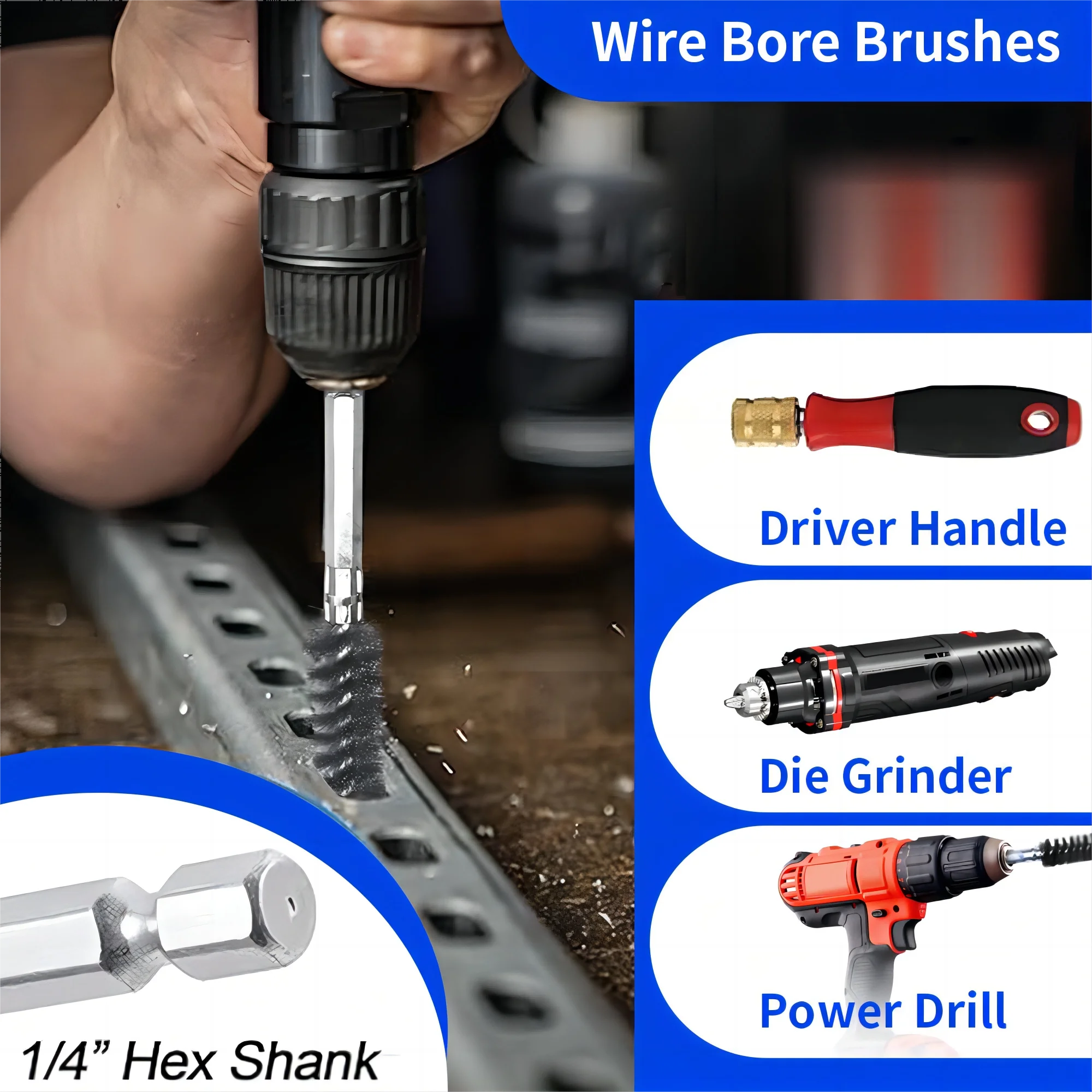 Wire Brush Drill Bore Cleaning Brush 1/4 Inch Hex Shank Power Drill Impact Driver Golf Shaft  Cleaning Tool Electric Wood Iron