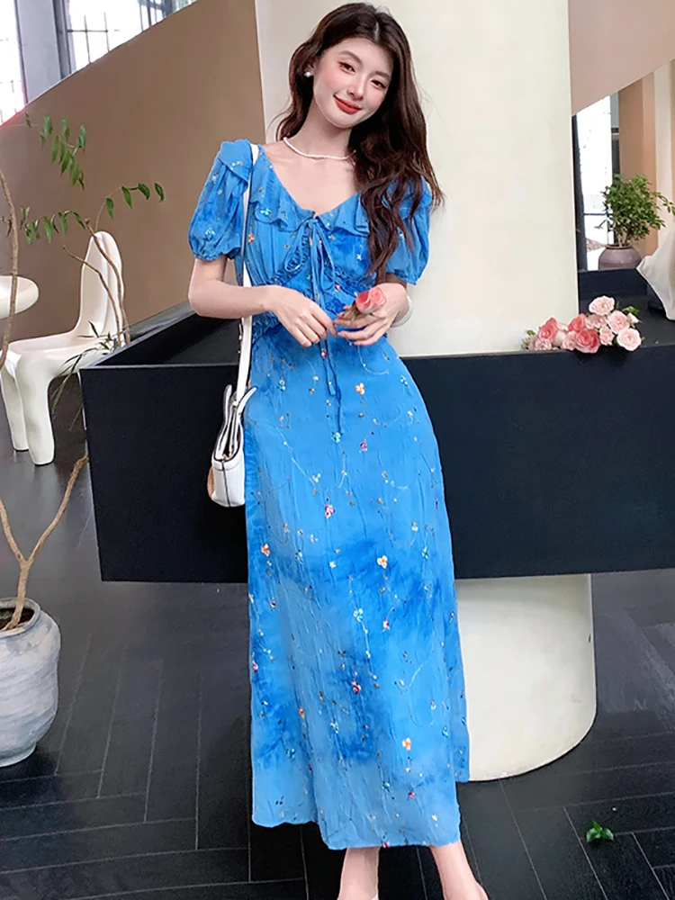 المرأة الأزرق التطريز الأزهار القوس تكدرت طوق فستان طويل الصيف أنيقة ضمادة فستان 2025 الكورية موضة فستان مناسبات غير رسمية