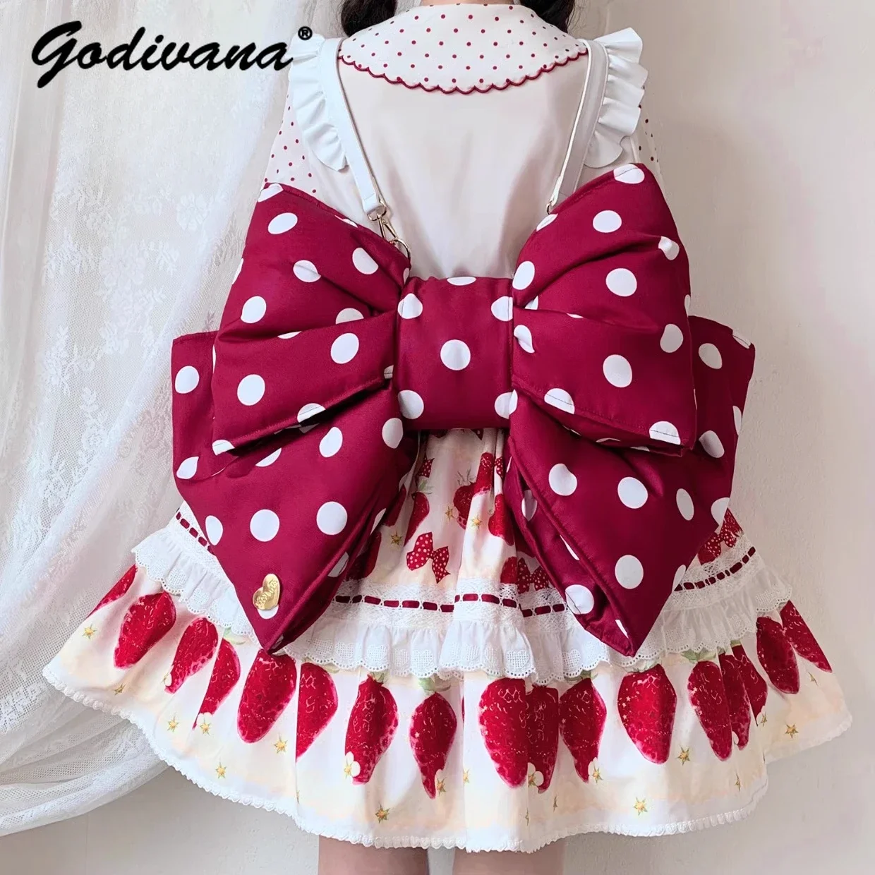 Lolita Cute Bow Backpack Original Sweet Girl Women's Polka Dot Shoulder Bag Y2K Leopard Print Kawaii Shoulder Bags