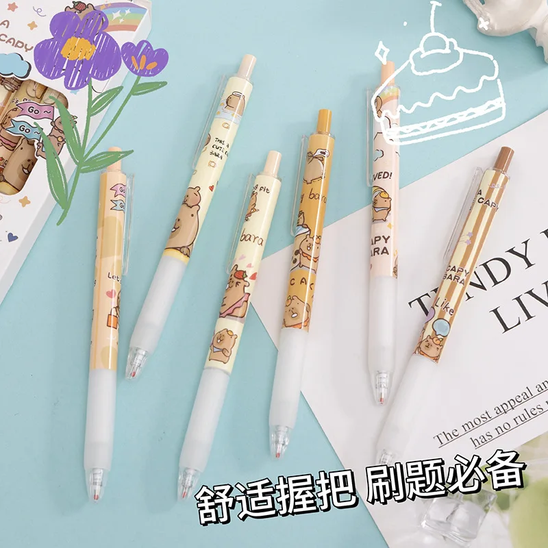 Kawaii 6 PCS Gel Pens Capybara Quick Drying Office Stationery Funny Pressing Pens Smoothly Writing Aesthetic School Supplies