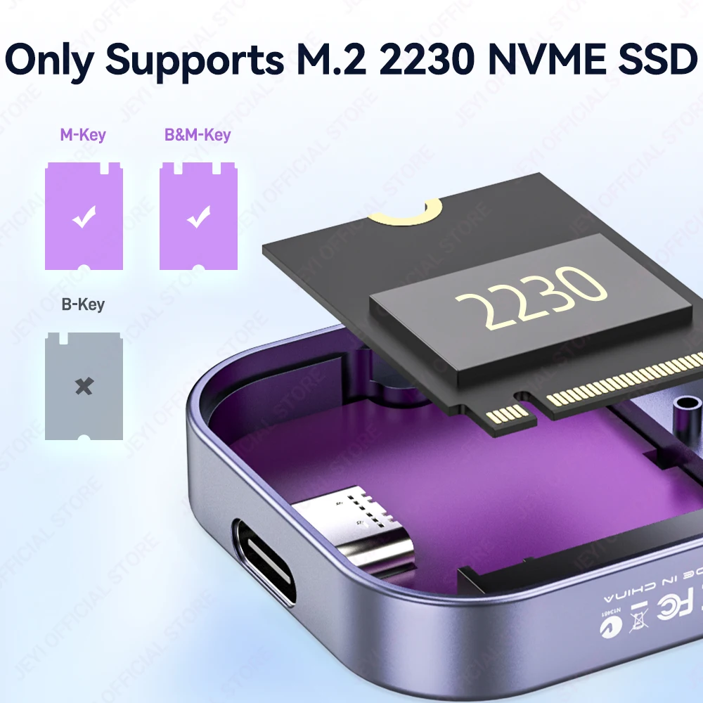 JEYI NVMe M.2 2230 SSD Enclosure（RTL9210）USB 3.2 10Gbps External Hard Drive Case Support 4TB for NVMe PCIe SSD Portable