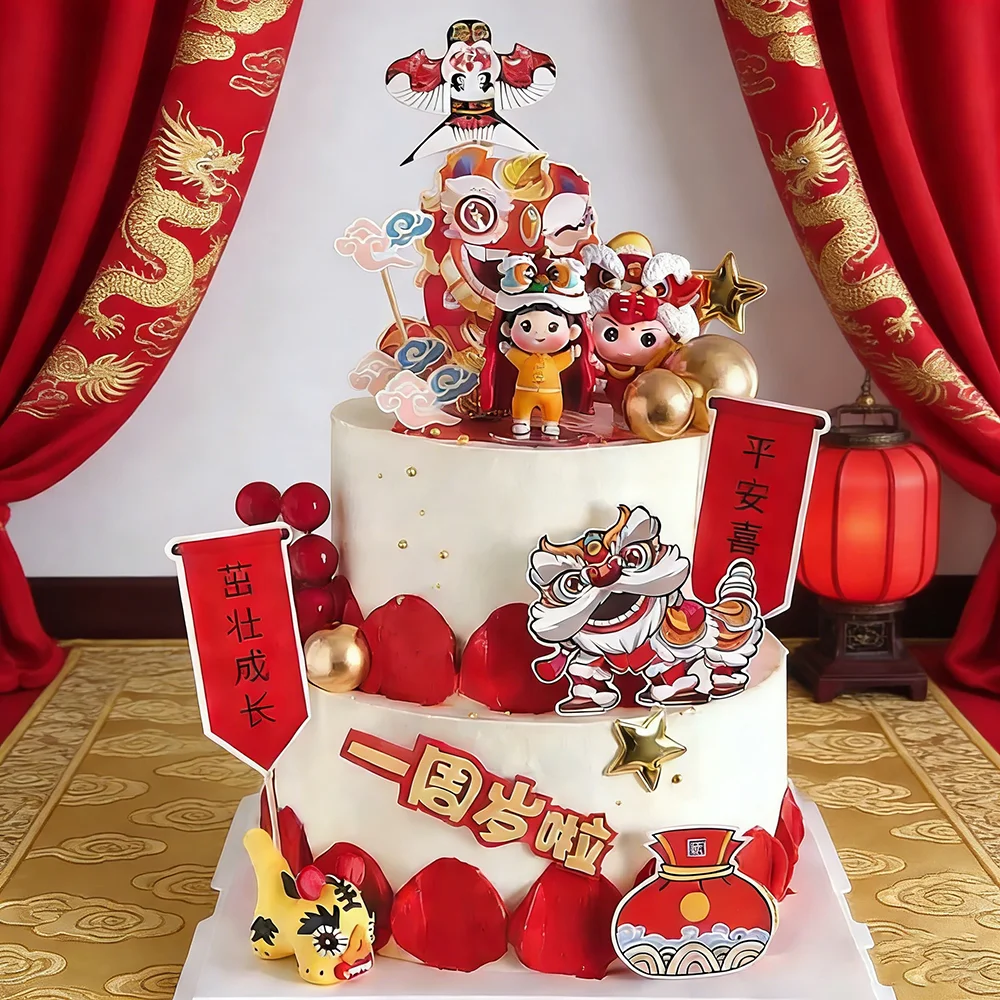 Chinesische Baby-Geburtstagstorten-Dekorationen, Bankett-Topper für den 100. Geburtstag im National-Trend-Stil, Neujahrs-Drachen-Ornamente