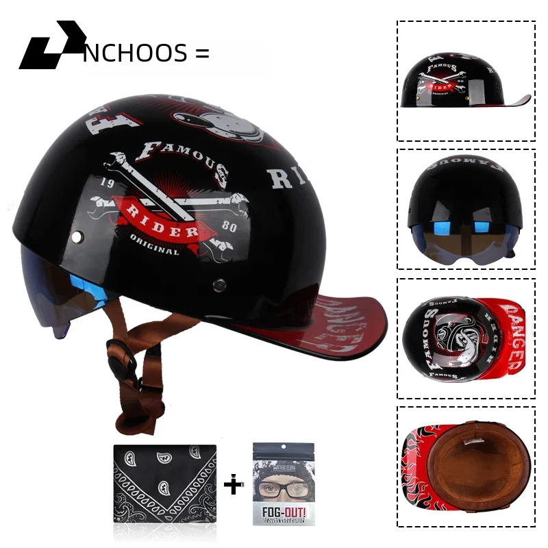 Uchoose Baseball Cap Helmet Motorcycle Vintage Retro Helmets Summer Open Face Scooter Cruiser Chopper Gangster DS Men Women Kid