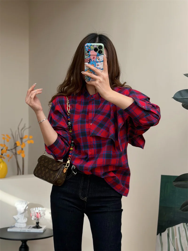

Retro Red And Blue Plaid awl Wrap Loose Long Sve Cotton irt with Sa for Women Breathable Comfortable Winter Faion