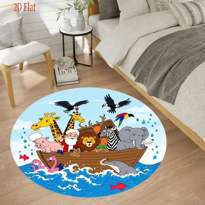 2D Noahs Ark Animal Print Round Rug Flannel Kids Nursery Decor Educational Play Mat Fun Learning Tool