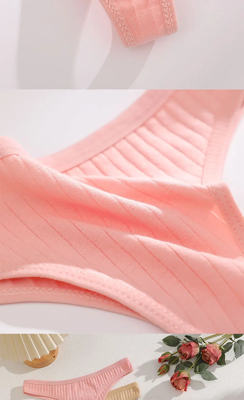 FINETOO 6er-Set Damen gerippte Baumwoll-Tangas, niedrige Taille, atmungsaktive G-String-Unterwäsche, sexy T-Back-Dessous für Frauen – Detail 12