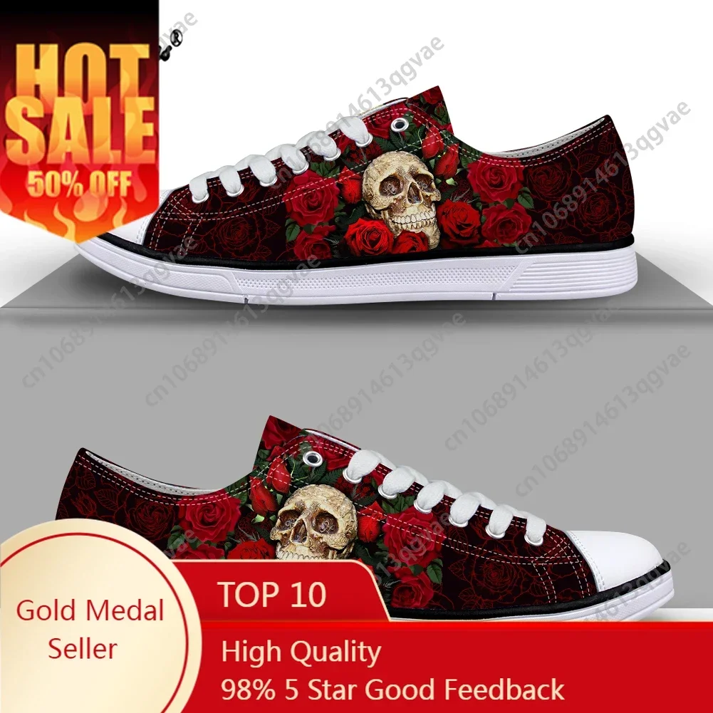 

Skull with Colorful Rose Pattern Low Top High Quality Sneakers Mens Womens Teenager Canvas Sneaker Couple Shoes Custom Shoe