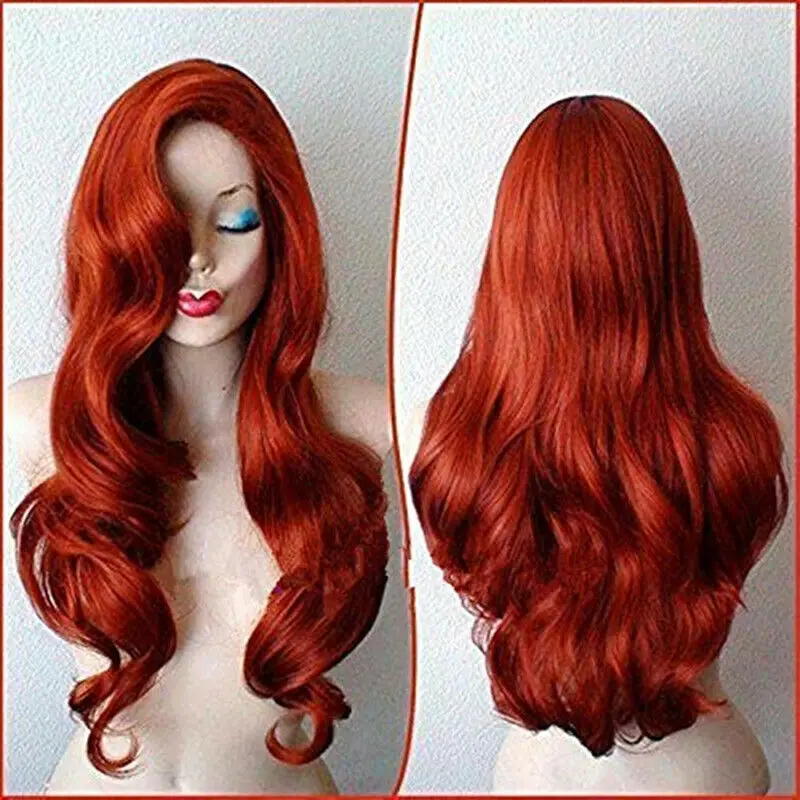 Long Copper Red Wavy Curly Synthetic Hair Princess Cosplay Heat Fiber Wigs