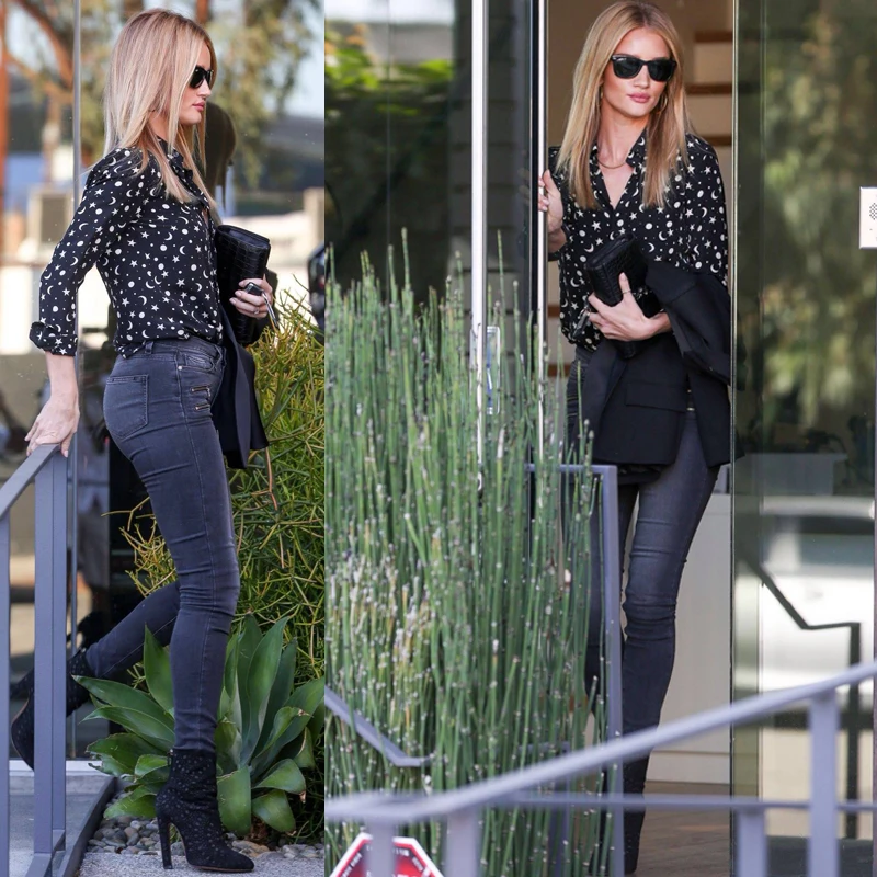 

Модная черная рубашка с длинным рукавом в стиле Рози Хантингтон, корейская версия, шифон с принтом звезд, луны и цветов, полиэстер