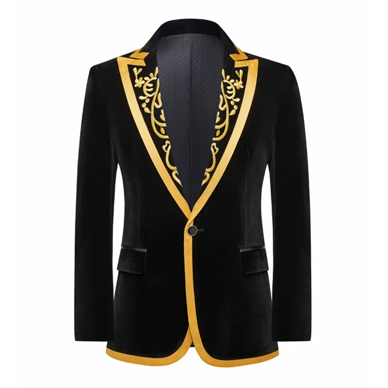 Men's Black Velvet Embroidery Formal Blazers Slim Fit Single Button Suit Jacket Singer Host Stage Banquet Prom Tuxedo Costume