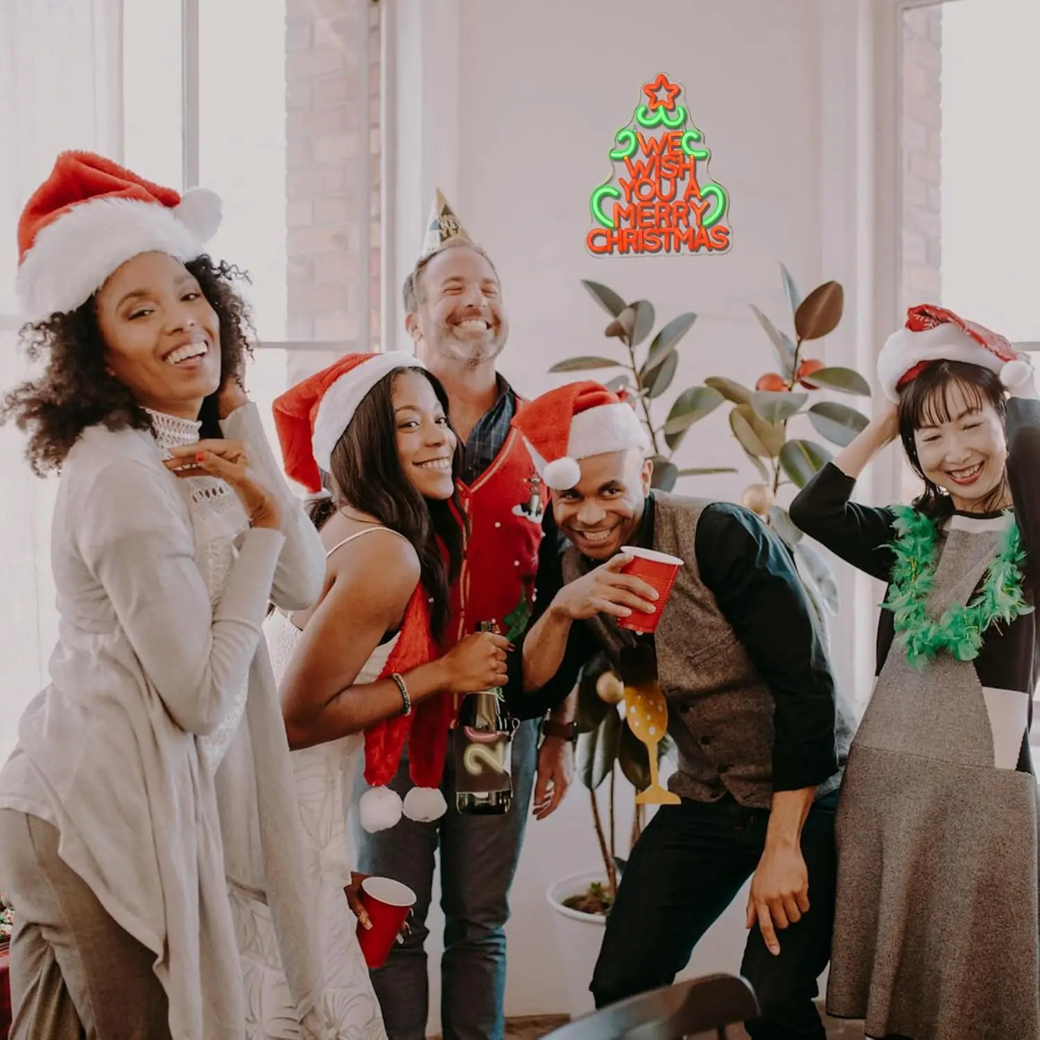 We Wish You a Merry Chritmas Letrero de neón Árbol de Navidad Letrero de neón LED con estrella para decoración de pared navideña Brillante ajustable