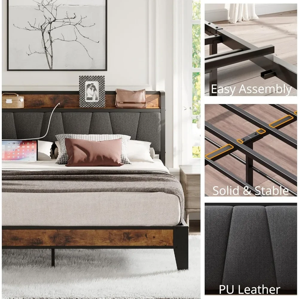 Full Size Bed Frame,Storage Headboard with Charging Station,Solid，Stable,Noise Free,No Box Spring Needed,Easy Assembly image 4