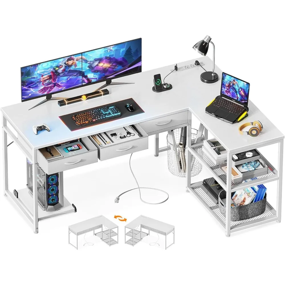 L Shaped Computer Desk com gavetas, prateleiras de armazenamento reversíveis, mesa canto com Power Outlets, 53"